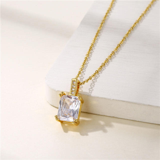 Geometric square cubic zircon stainless steel chain pendant necklace