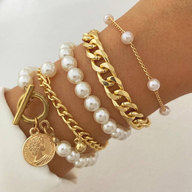 4pcs faux pearl layer bracelet chain bracelet