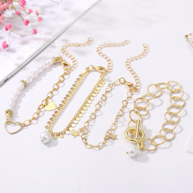 Amazon hot sale gold color alloy chain faux pearl layer bracelet