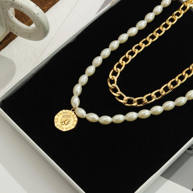 INS vintage faux pearl coin choker necklace