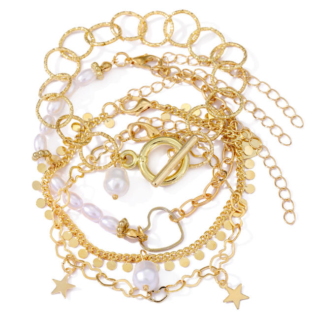 Amazon hot sale gold color alloy chain faux pearl layer bracelet