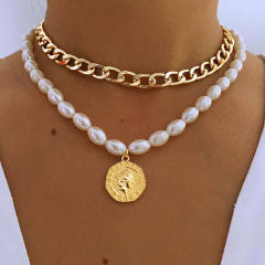 INS vintage faux pearl coin choker necklace