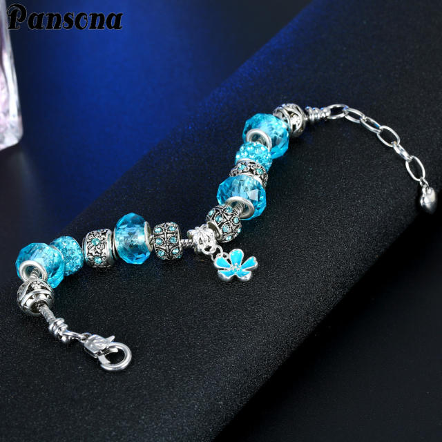 Lake blue crystal beads flower charm diy bracelet