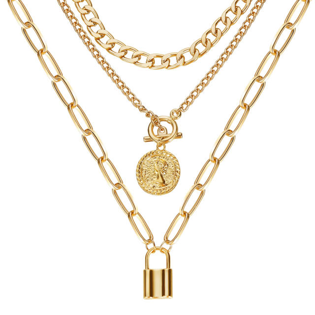 Vintage coin pendant alloy chain gold color layer necklace