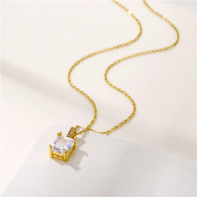 Geometric square cubic zircon stainless steel chain pendant necklace