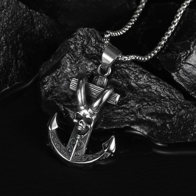 Vintage skull anchor pendant stainless steel necklace for men