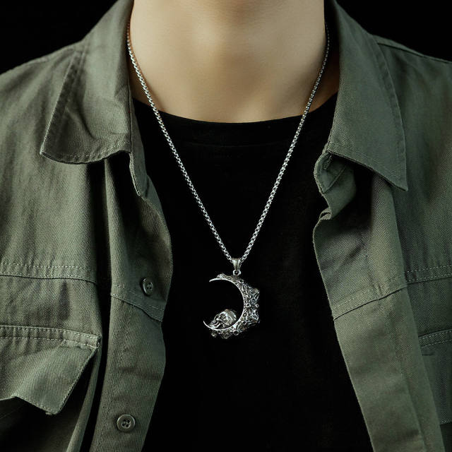 Hiphop skull moon pendant stainless steel necklace for men