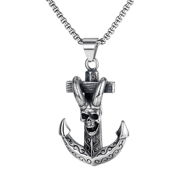 Vintage skull anchor pendant stainless steel necklace for men
