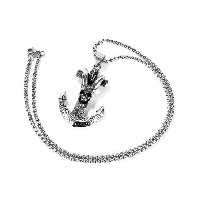 Vintage skull anchor pendant stainless steel necklace for men