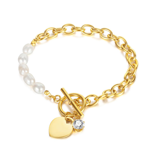Faux pearl bead toggle stainless steel bracelet