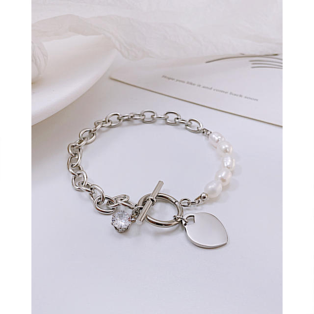 Faux pearl bead toggle stainless steel bracelet