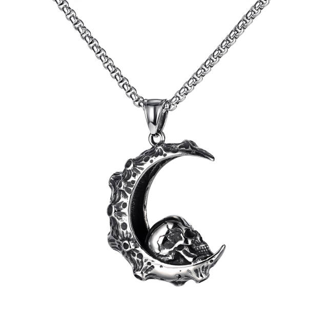 Hiphop skull moon pendant stainless steel necklace for men