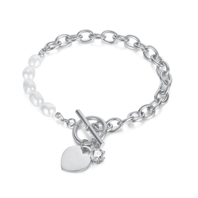 Faux pearl bead toggle stainless steel bracelet