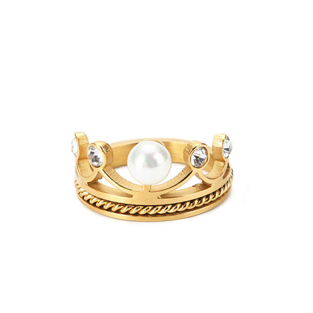 Elegant crown design pearl stainless steel rings