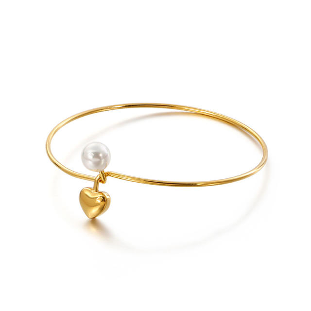 Korean fashion concise heart pearl stainless steel bangle