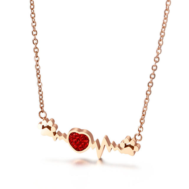 Cute heartbeat red heart pet paw stainless steel necklace