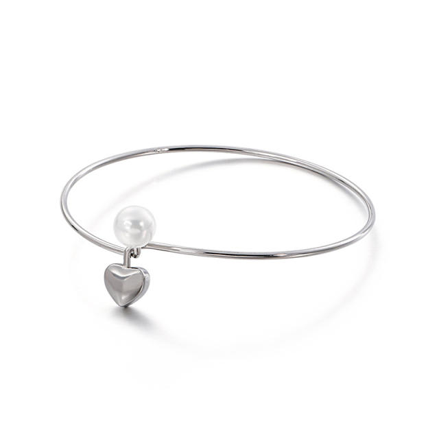 Korean fashion concise heart pearl stainless steel bangle