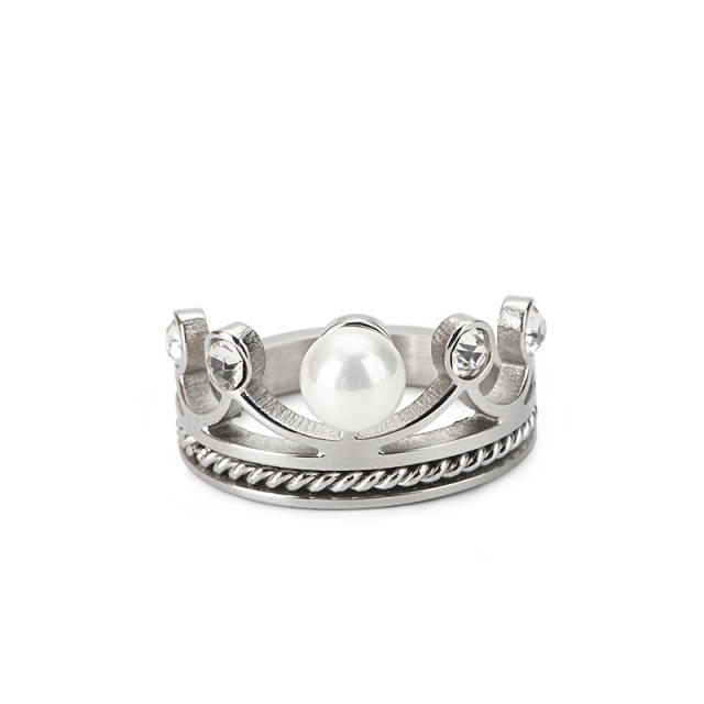 Elegant crown design pearl stainless steel rings