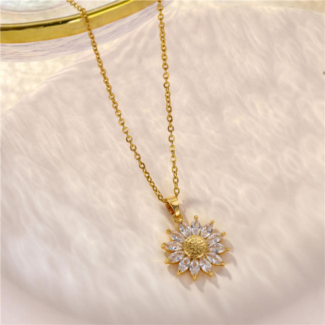 Real gold plated sunflower diamond pendant stainless steel chain necklace