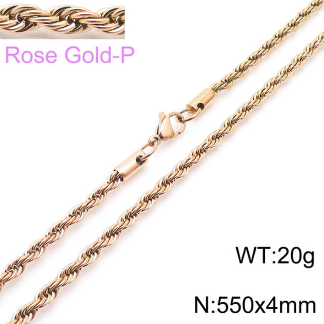 Hiphop rose gold color rope chain stainless steel necklace