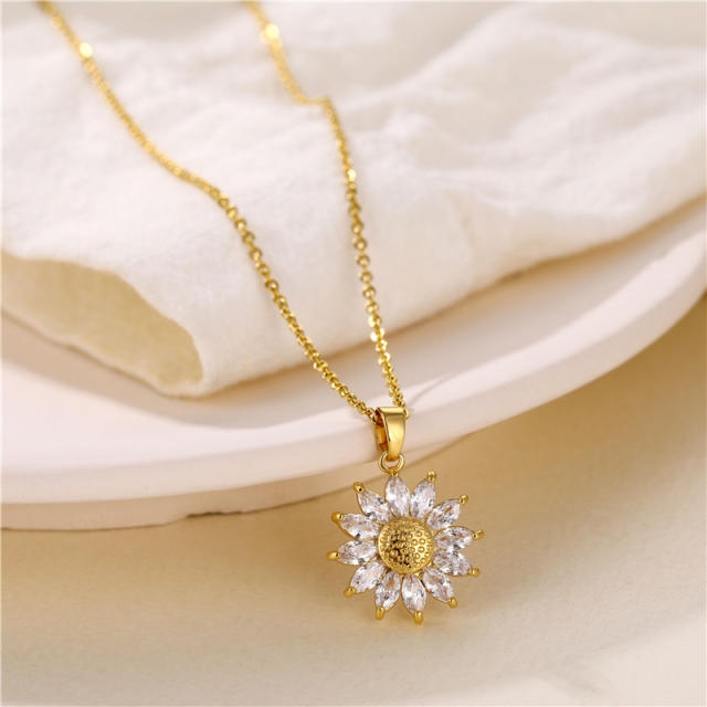 Real gold plated sunflower diamond pendant stainless steel chain necklace