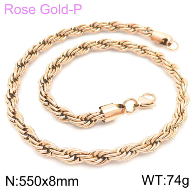 Hiphop rose gold color rope chain stainless steel necklace