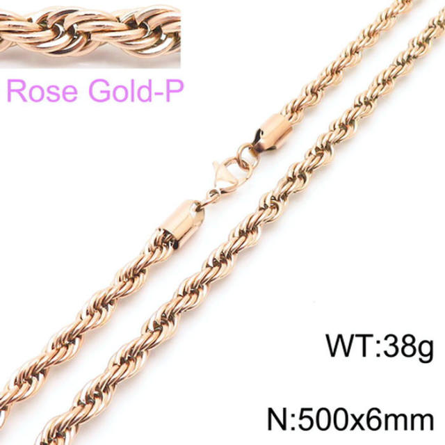 Hiphop rose gold color rope chain stainless steel necklace