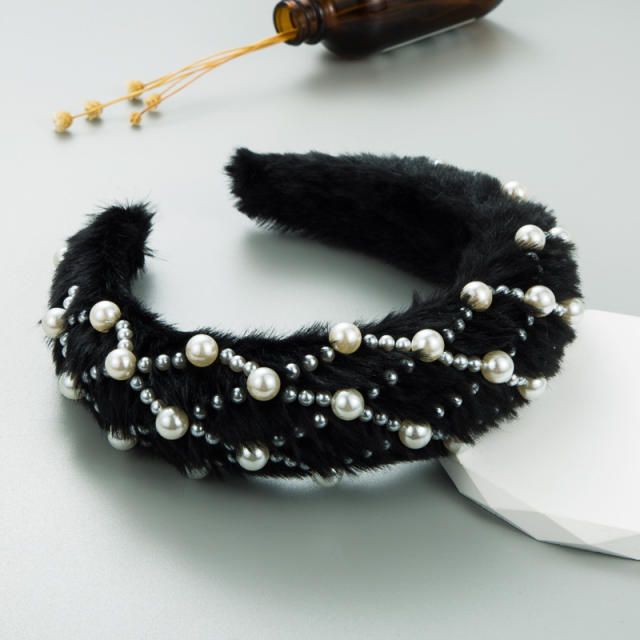 Warm winter fluffy pearl beads padded headband