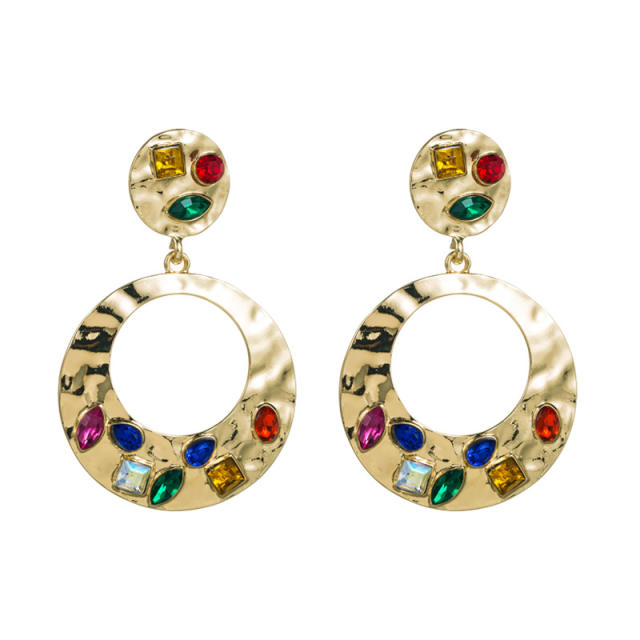 Geometric circle color glass crystal statement earrings