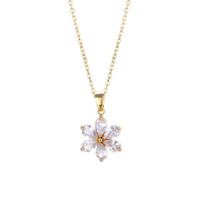 Korean fashion crystal flower pendant stainless steel chain necklace