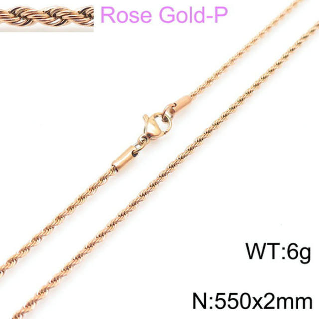 Hiphop rose gold color rope chain stainless steel necklace