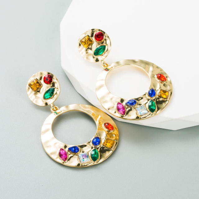 Geometric circle color glass crystal statement earrings