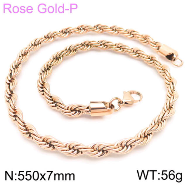 Hiphop rose gold color rope chain stainless steel necklace