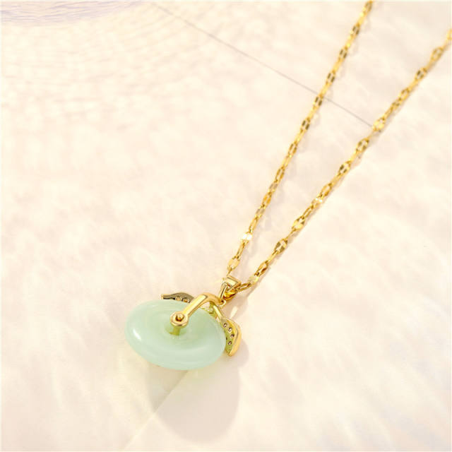 Chinese trend faux jade lucky donuts stainless steel chain necklace