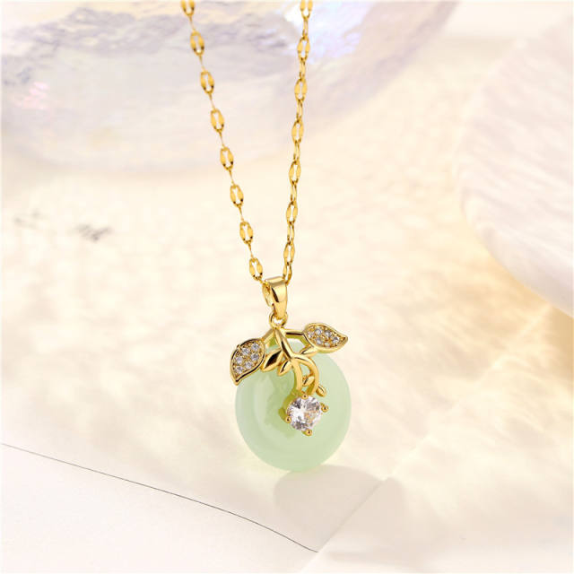 Chinese trend faux jade lucky donuts stainless steel chain necklace