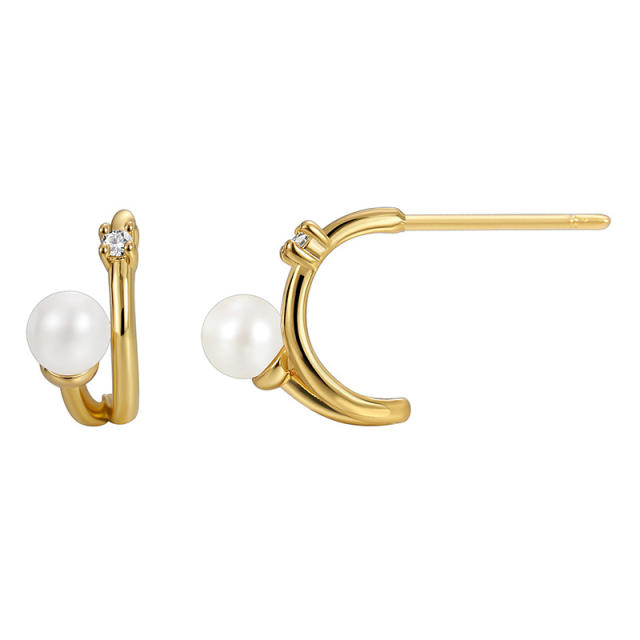 French pearl beads open hoop real gold plated earrings