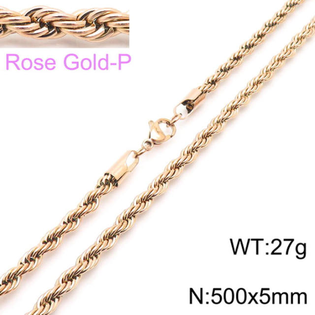 Hiphop rose gold color rope chain stainless steel necklace