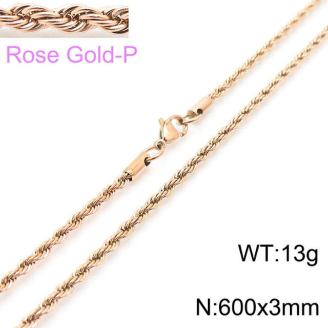 Hiphop rose gold color rope chain stainless steel necklace