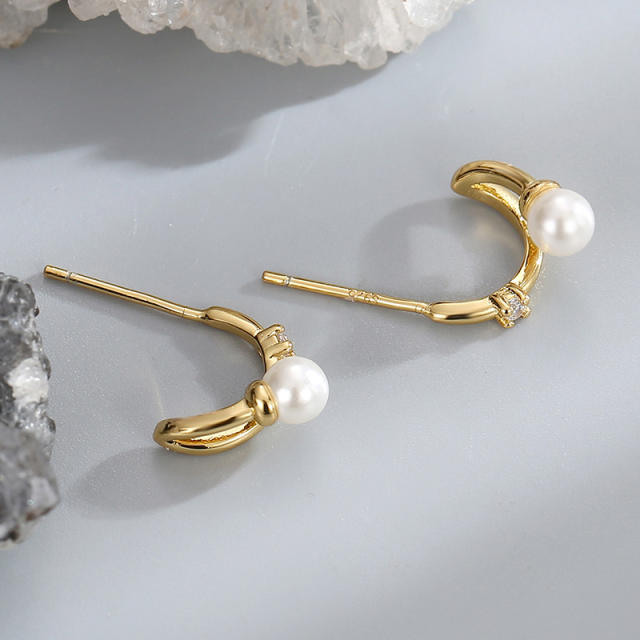 French pearl beads open hoop real gold plated earrings