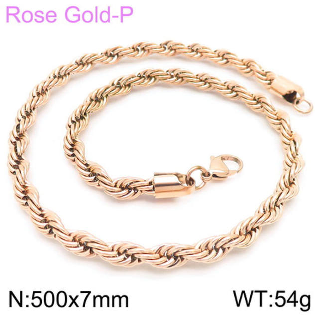 Hiphop rose gold color rope chain stainless steel necklace