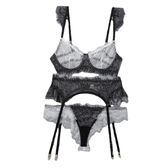 Sexy 3pcs black white lace lingerie set