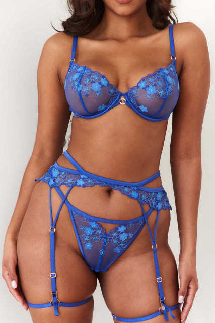 Sexy blue color embroidery flower lingerie set