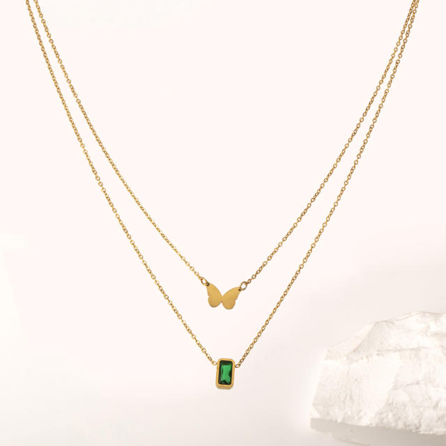 Two layer butterfly emerald stainless steel necklace