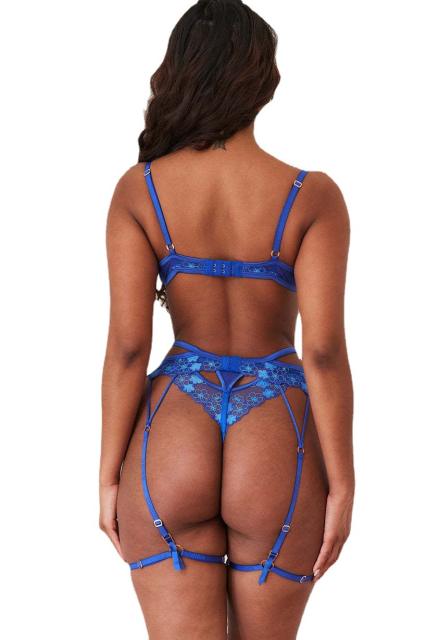 Sexy blue color embroidery flower lingerie set