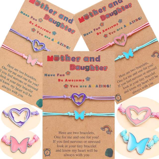 Enamel heart butterfly mother daughter string bracelet card bracelet