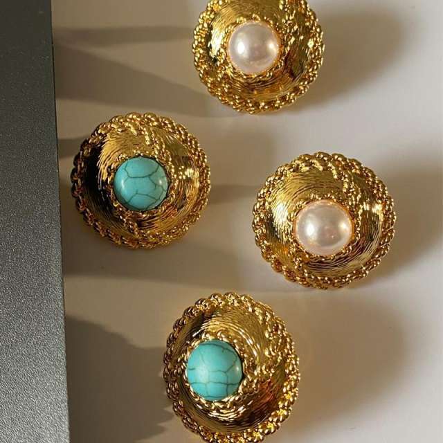 Vintage round shape pearl turquoise statement studs earrings