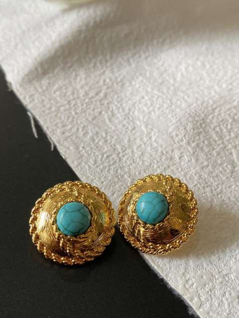 Vintage round shape pearl turquoise statement studs earrings