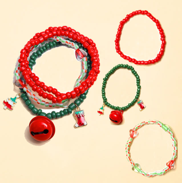 Color seed beads bell charm layer christmas bracelet