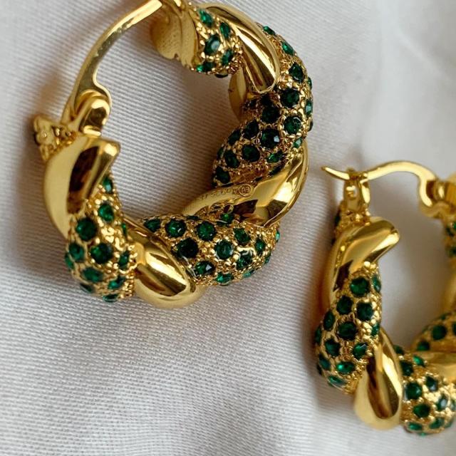 French green color crystal statement twisted hoop earrings