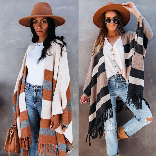 Winter desing knitted stripe patter tassel cardigan